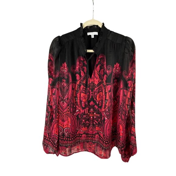 Maison d'Amélie Black Red Boho Paisley Blouse M Sheer Ruffle Neck Long Sleeve - Picture 1 of 7